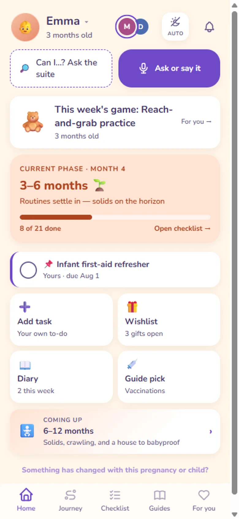 Baby Journeys phase screen: this week's checklist with a few concrete tickable items