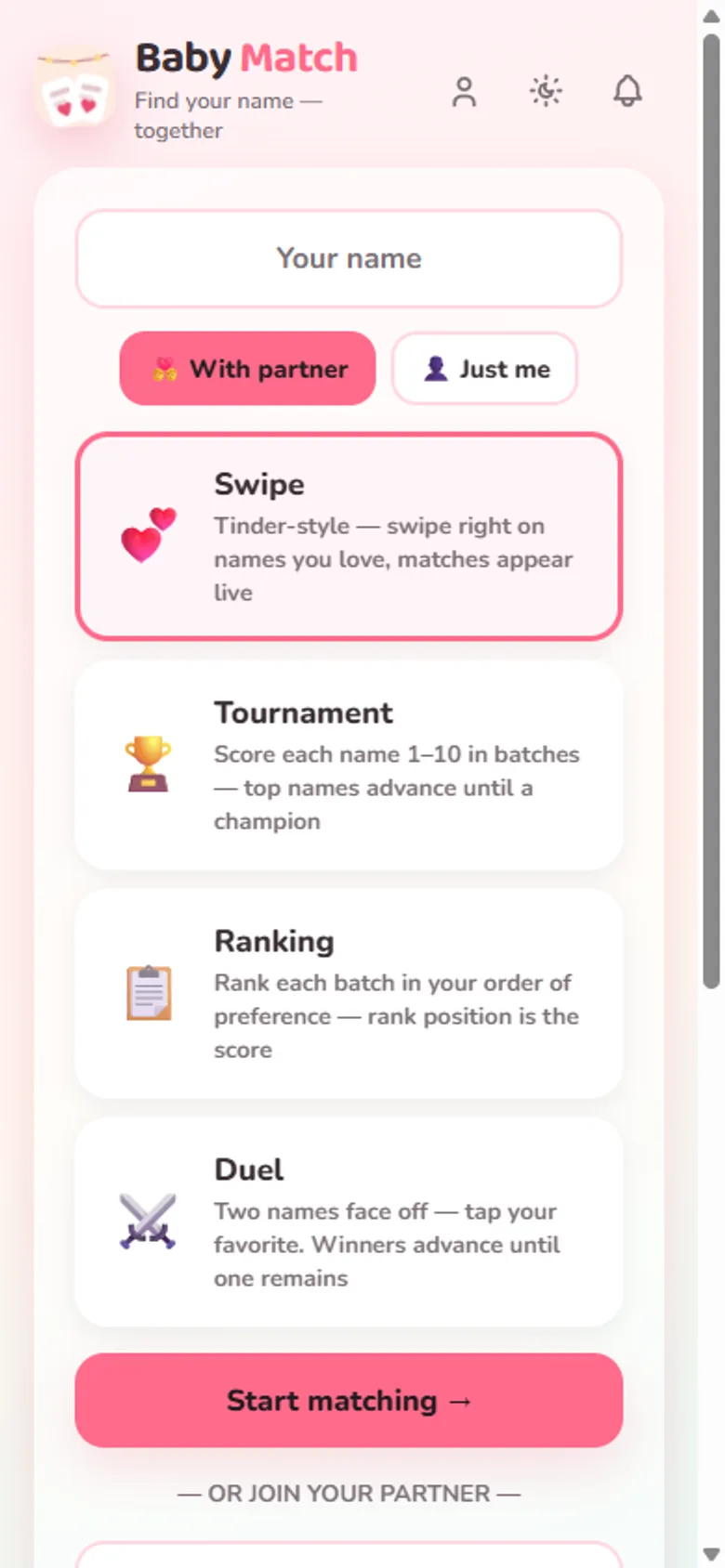 Baby Match home screen: start a name game together or join your partner's