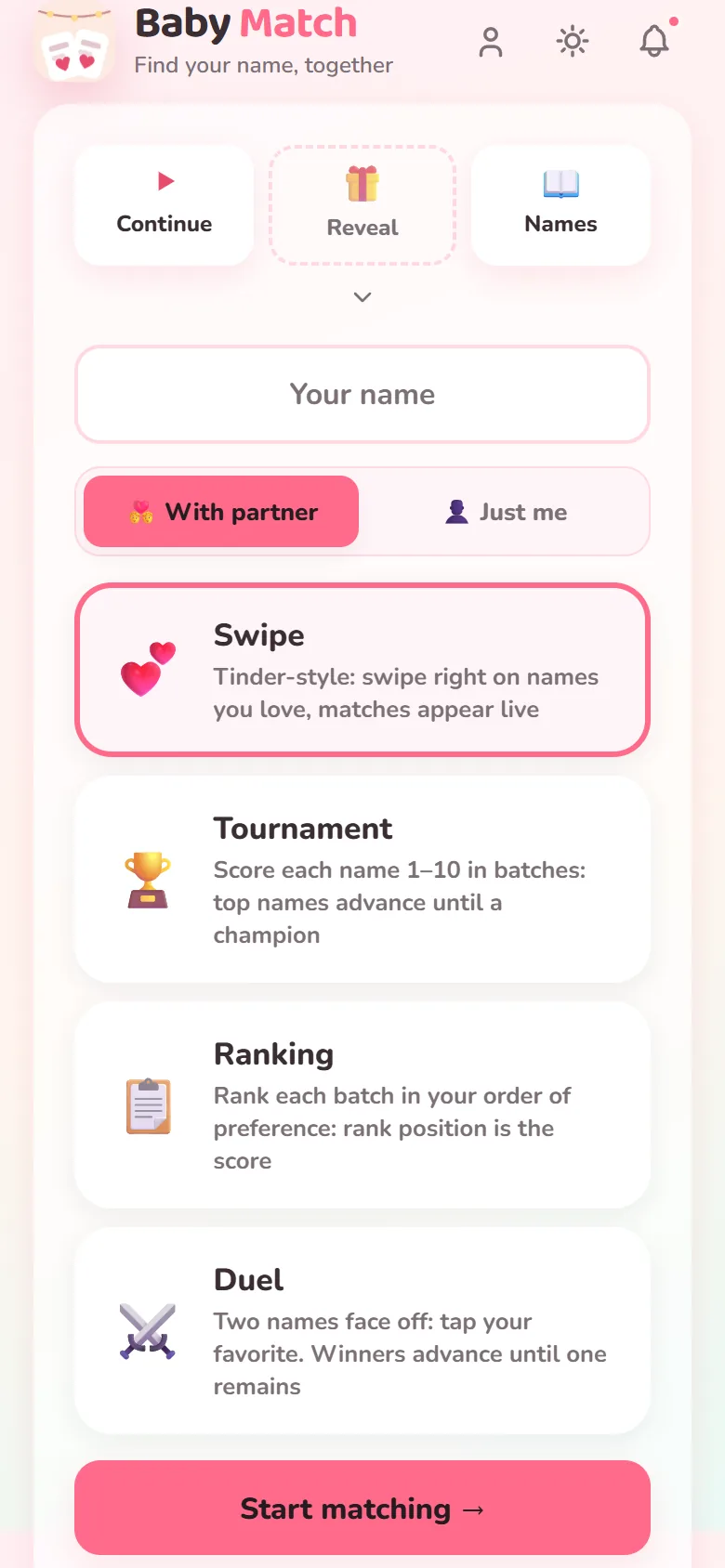 Baby Match home screen: shortcuts to continue a game, your reveal page and the names you have met, above the four ways to play