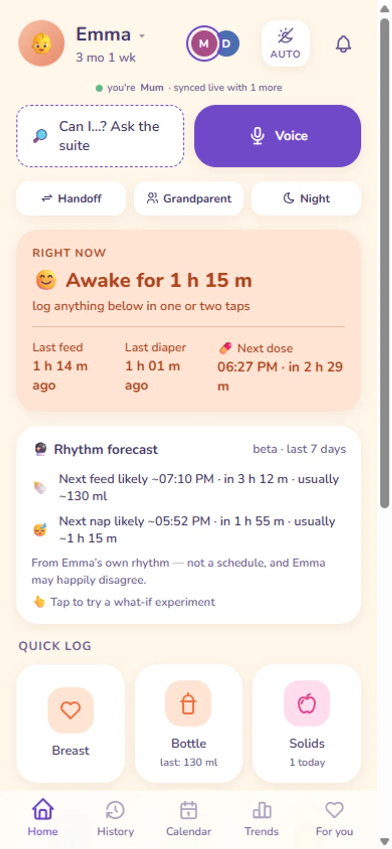 Baby Nest home screen in day mode: the timeline of feeds, sleep and diapers with one-tap log buttons