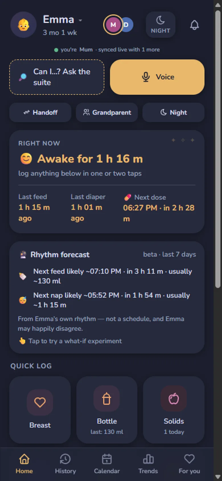 Baby Nest in night mode: a dark, dim interface for logging without waking anyone